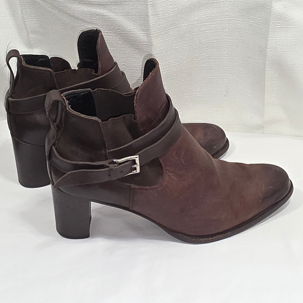 Heschung Brown Leather Wrap Buckle Strap Block Heel Ankle Boots 6.5